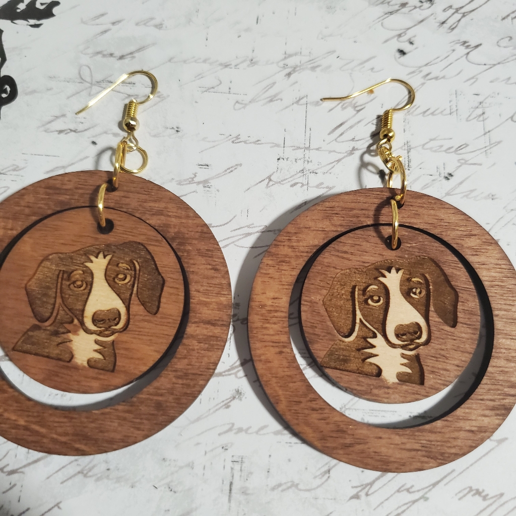 Circle Wood Earring With Dog Puppy Engraved